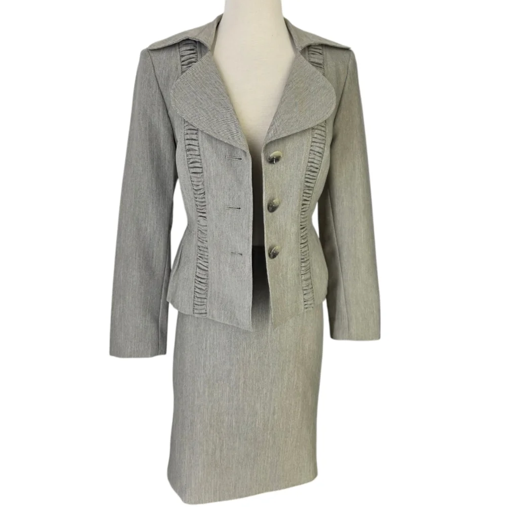 LeSuit Three Button Jacket & Skirt Suit Set Neutral Tan Beige Gray Weave Sz 6 - Picture 4 of 16